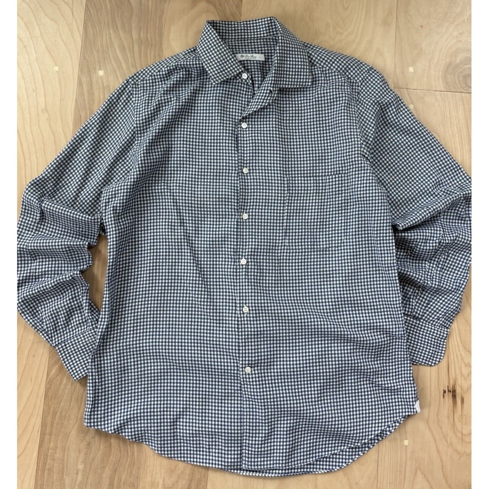 Loro Piana Checked Gingham Button Down Dress Shirt Blue & White Cotton Italy L